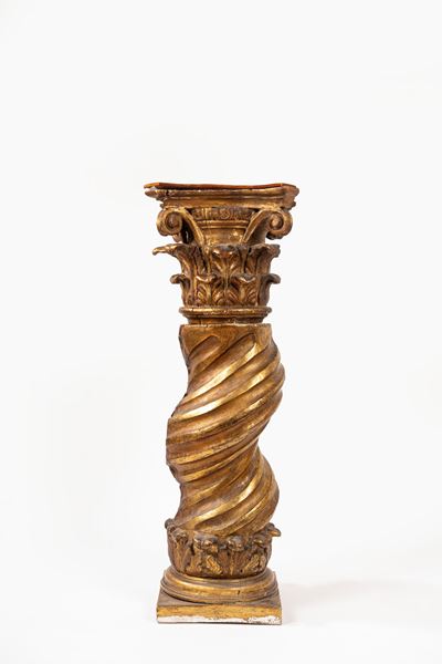 Colonna Tortile in Legno Intagliato e Dorato con Capitello, Secolo XIX