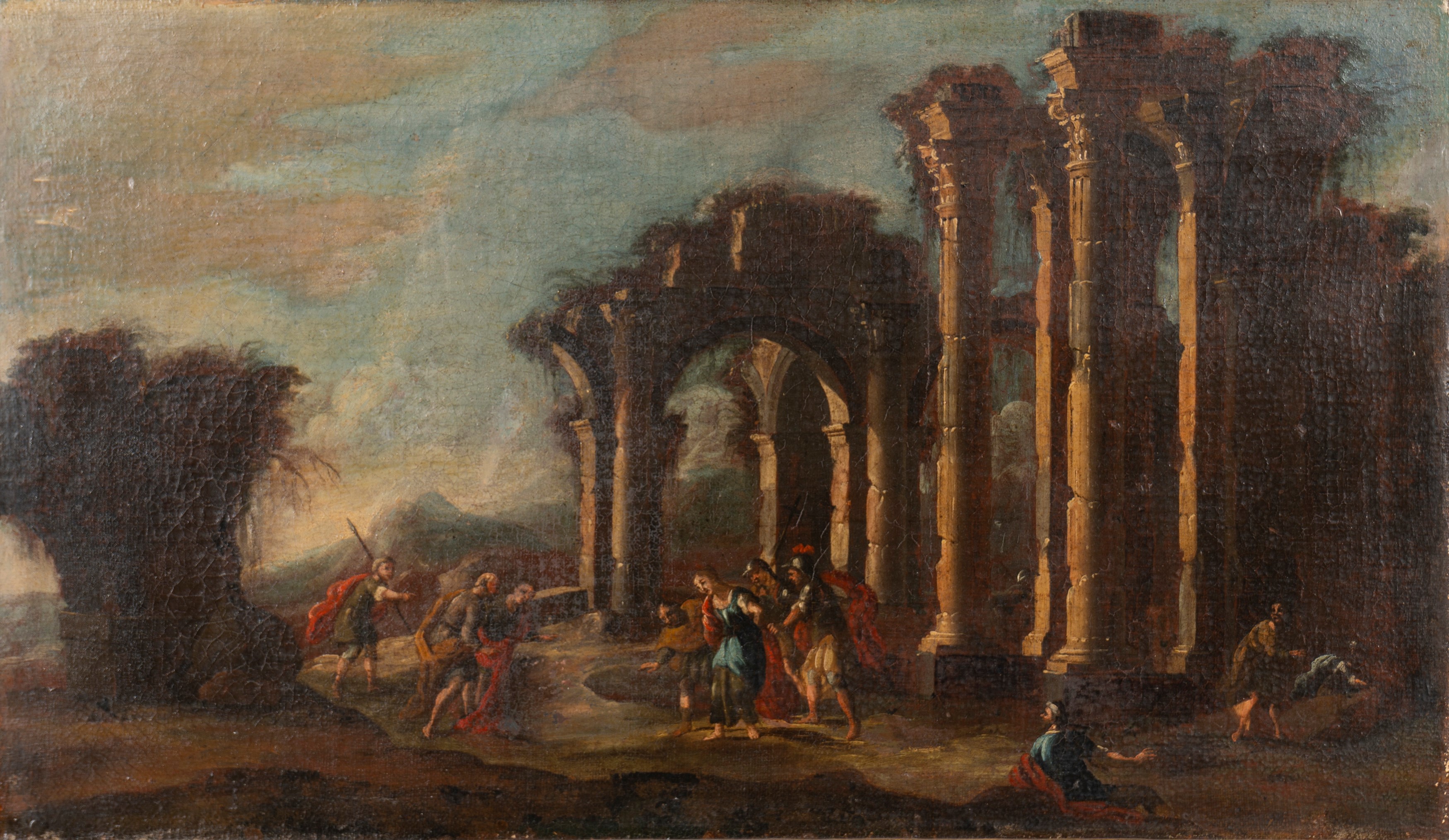 Scuola Romana, Secolo XVIII - Due Capricci Architettonici con Scene Religiose: Cristo e L'adulter...
