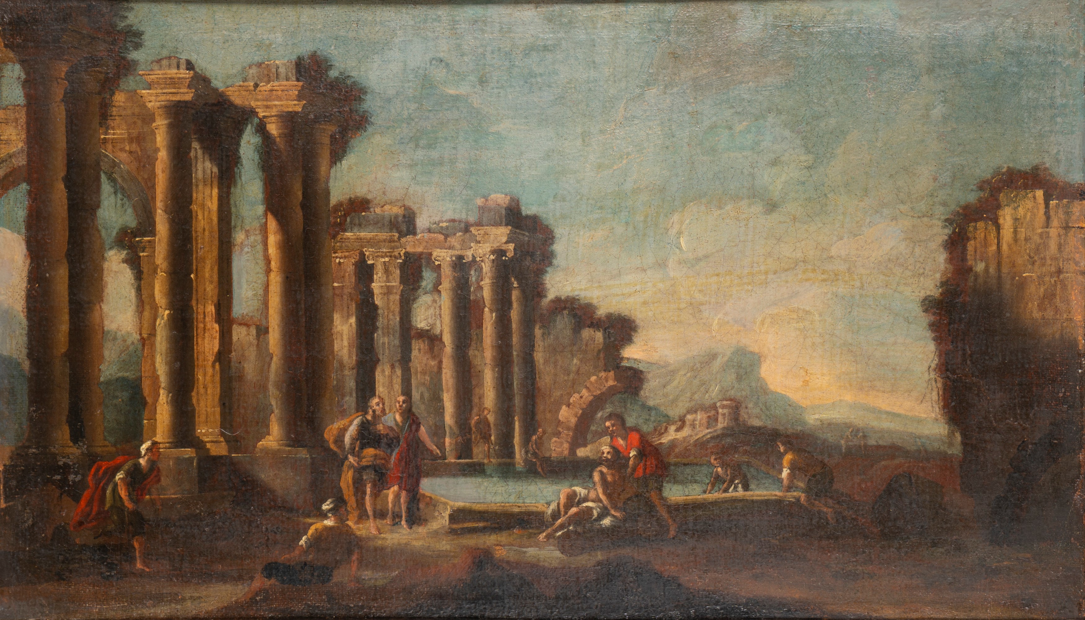 Scuola Romana, Secolo XVIII - Due Capricci Architettonici con Scene Religiose: Cristo e L'adulter...