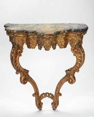 A Roman carved gilt wood wall console table, with faux marble top, 18th century