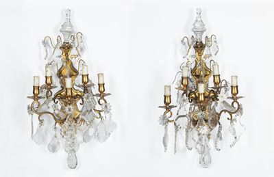 Coppia di Appliques a Cinque Fiamme in Bronzo Dorato e Cristalli Molati, Secolo XIX
