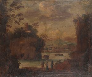 Paesaggio fluviale con astanti e borgo turrito