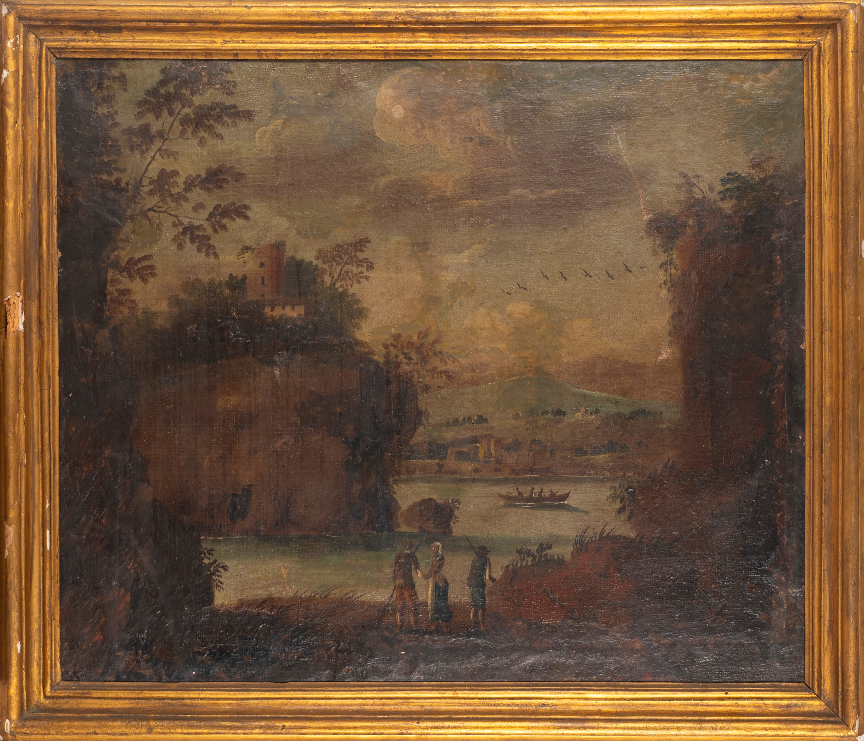 Paesaggio fluviale con astanti e borgo turrito