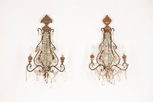 Two carved and gilded wooden appliques with glass pendants
