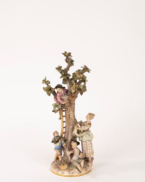 Polychrome porcelain group depicting apple picking, Meissen manufacture, 19th century