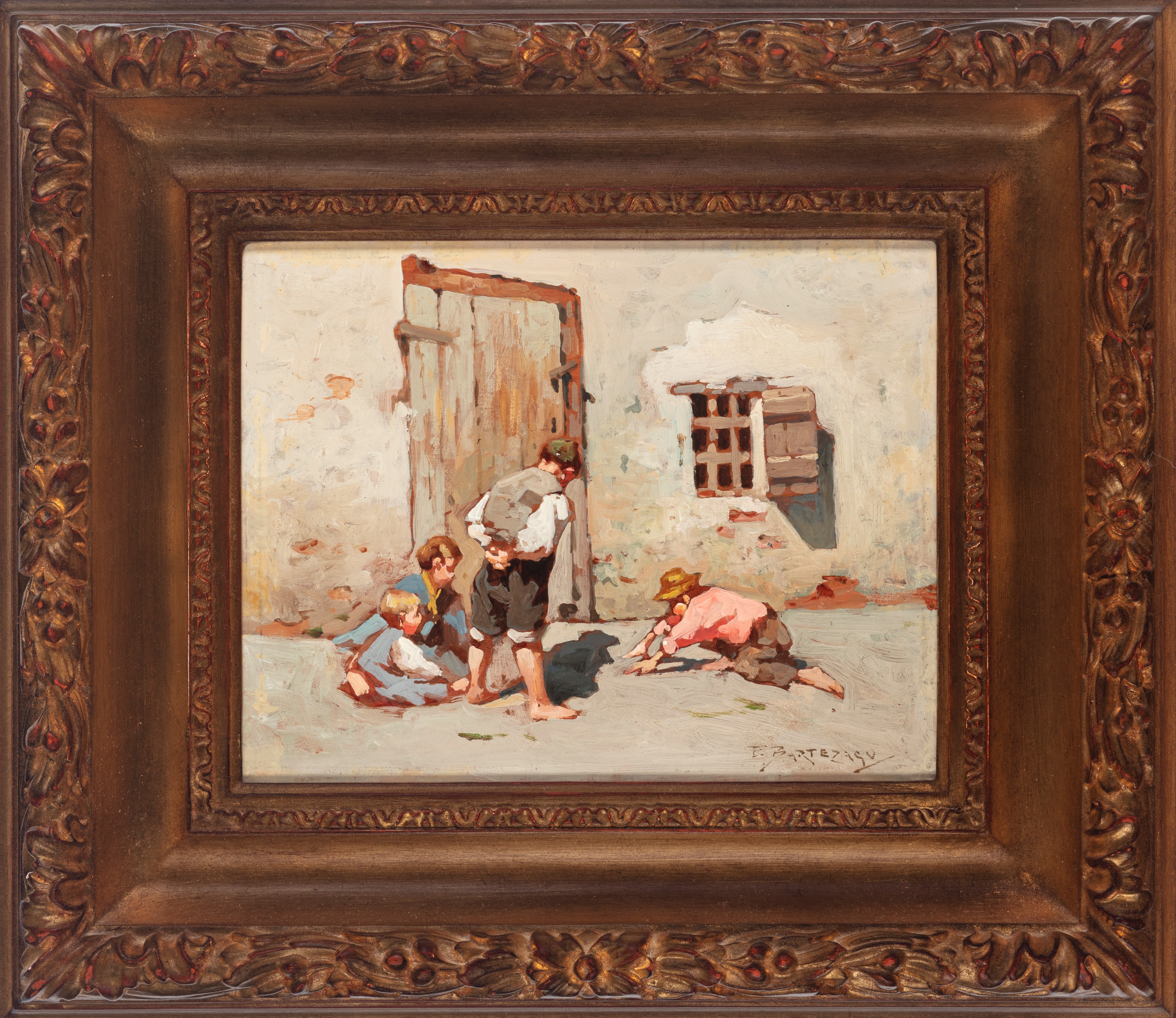 Enrico Bartezago - Giochi di bimbi, olio su tavola