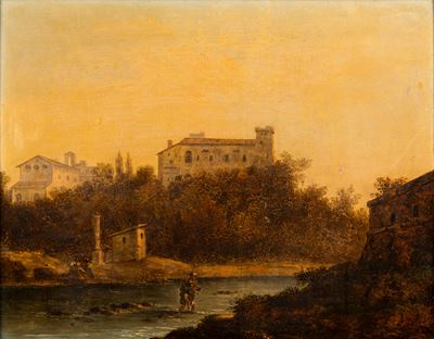 Paesaggio con guado, olio su tavola