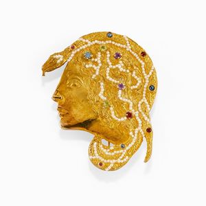 A silver, gilded silver, pearl and colored gemstone brooch, Percossi Papi, designed by Renato Guttuso