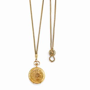 Collana saliscendi con orologio da tasca in oro 14K e smalto