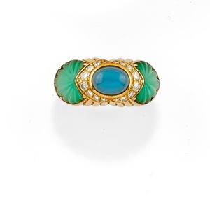 A 18K yellow gold, blue gemstone, green gemstone and diamond ring, Cartier Baroda, with box and certificate