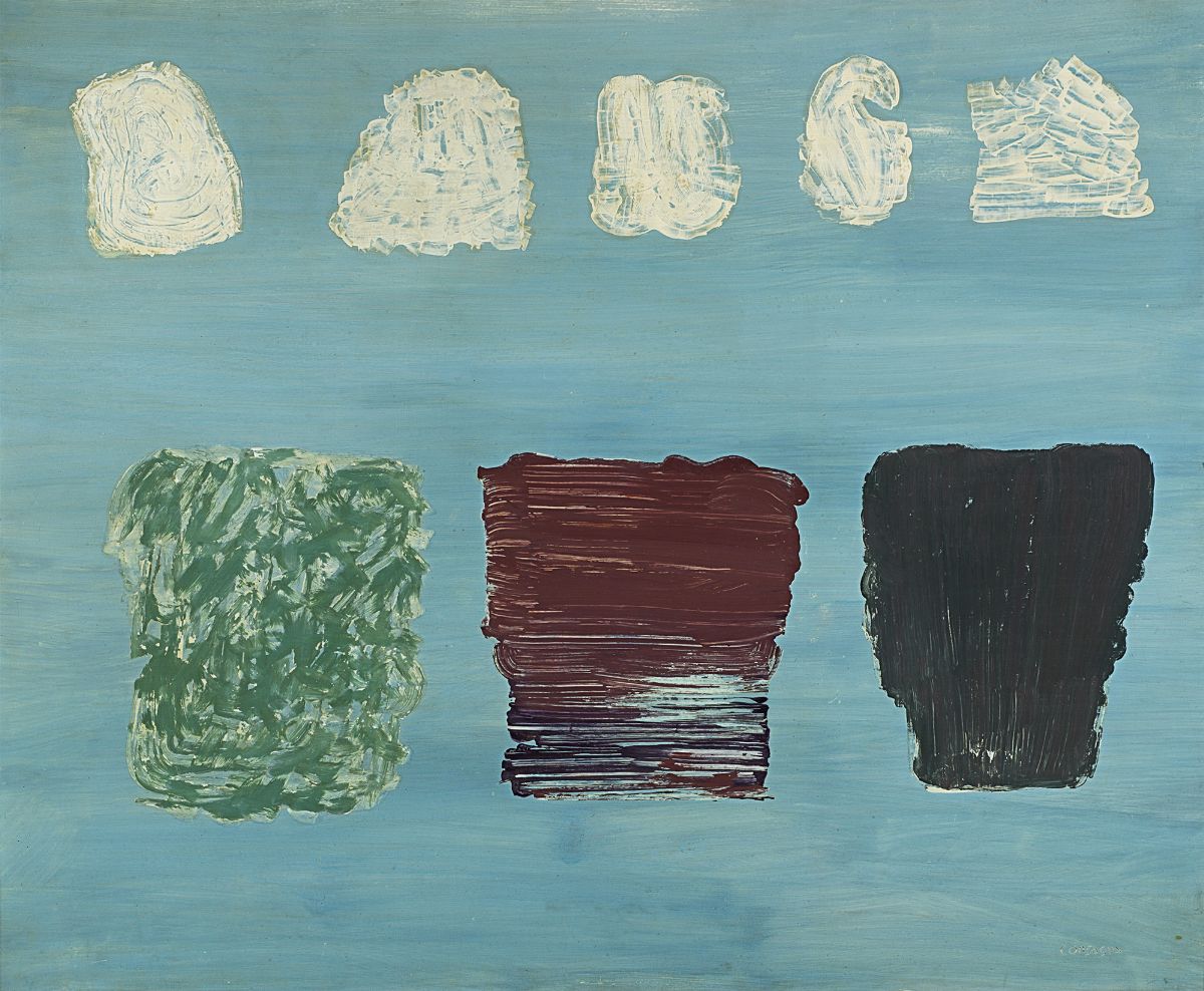 Pietro Consagra - Otto immagini su fondo celeste, 1972, tempera e smalto su faesite