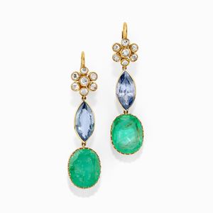 A 18K two-color gold, diamond, sapphire and emerald pendant earrings