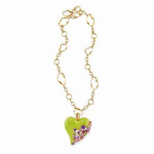 A 18K pink gold, 18K gold, green enamel, semi precious multicolor gemstone and diamond necklace with pendant