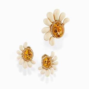 An enamel, citrine quartz and diamond ring and earrings.