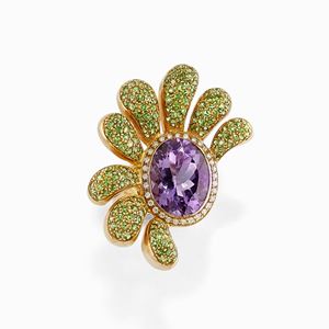 A 18K pink gold, amethyst, diamond and tanzanite ring