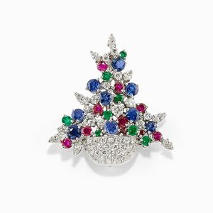 A platinum, diamond, ruby, emerald and sapphire brooch