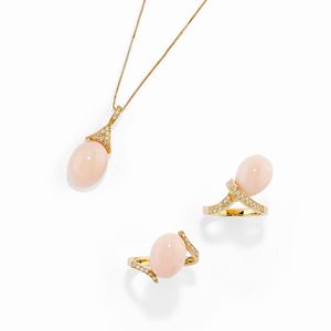 Lot of 18K yellow gold, pink gemstone and diamond jewels