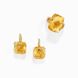 A 18K yellow gold, quartz and diamond ring and earrings.