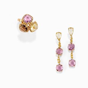 A 18K yellow gold, diamond and semi precious gemstone ring and earrings
