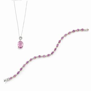 Lot of 18K two-color gold, amethyst and diamond necklace and bracelet.