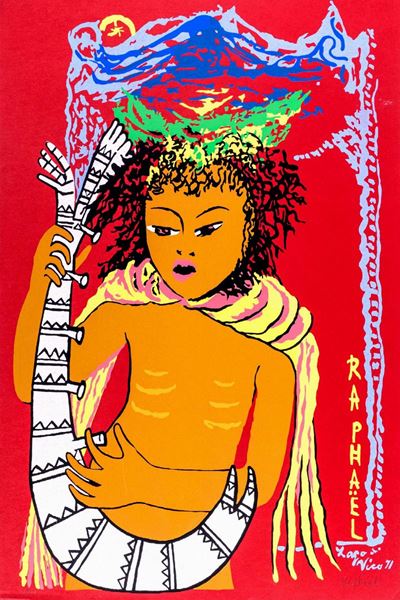 Suonatrice - Litografia a colori su cartoncino rosso, es. 7/100