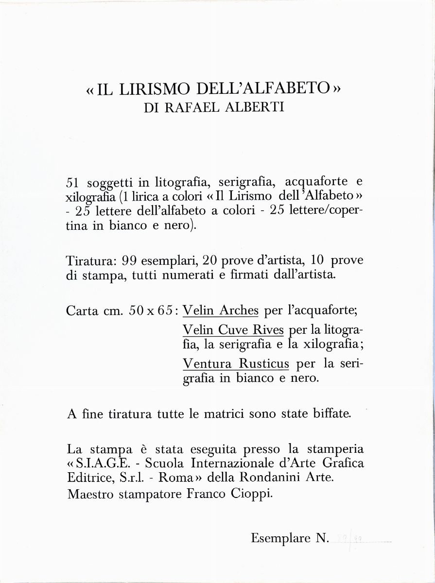 Raphael Alberti - Il lirismo dell'alfabeto - 6 litografie e 4 serigrafie a colori, 1972