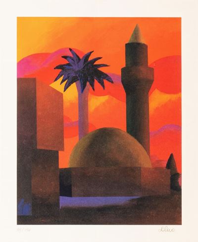 Autore sconosciuto, Minareto, litografia a colori, es. 39/130