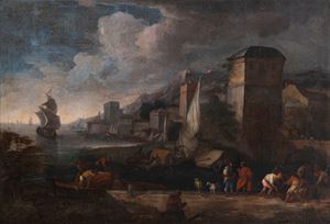 View of the port with figures and sailing ships