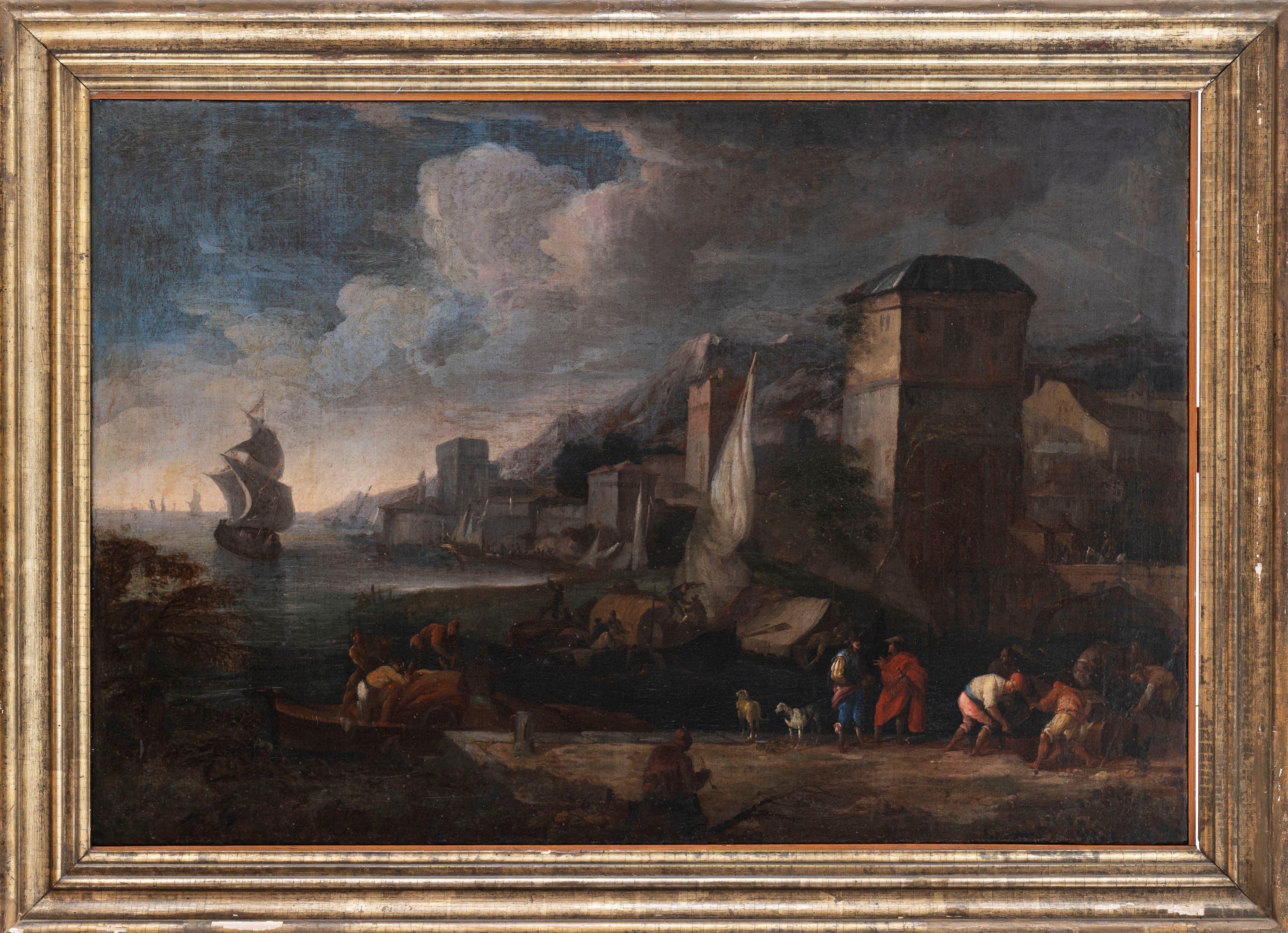 Luca Carlevarijs - Veduta di Porto con Figure e Velieri