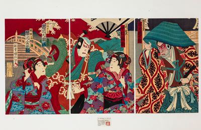 Trittico di Incisioni Giapponesi di Kunimasa. Giappone, Periodo Meiji (1868-1912)