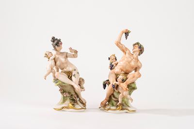 Coppia di Sculture in Porcellana Policroma, Raffiguranti Bacco e Flora, Secolo XX