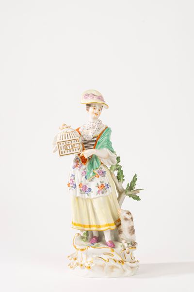 Dama con Voliera Aperta ("allegoria del Matrimonio") in Porcellana Policroma, Manifattura di Meis...