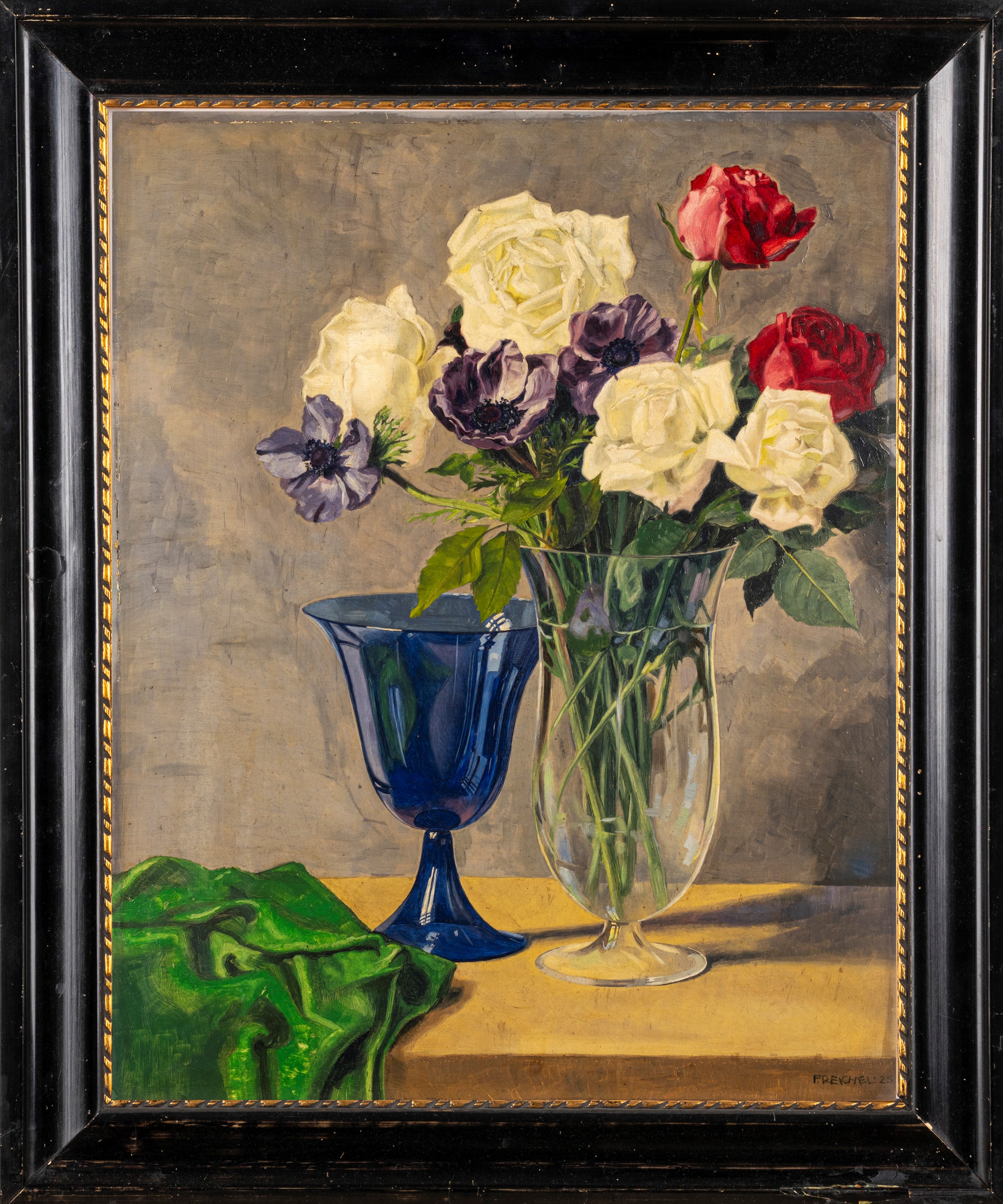Fritz Reichel (scuola Europea del XIX Secolo) - Vaso di Rose e Anemoni