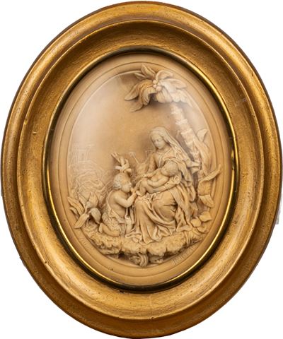 Bassorilievo in Pietra Calcarea Raffigurante Madonna con Bambino e San Giovannino