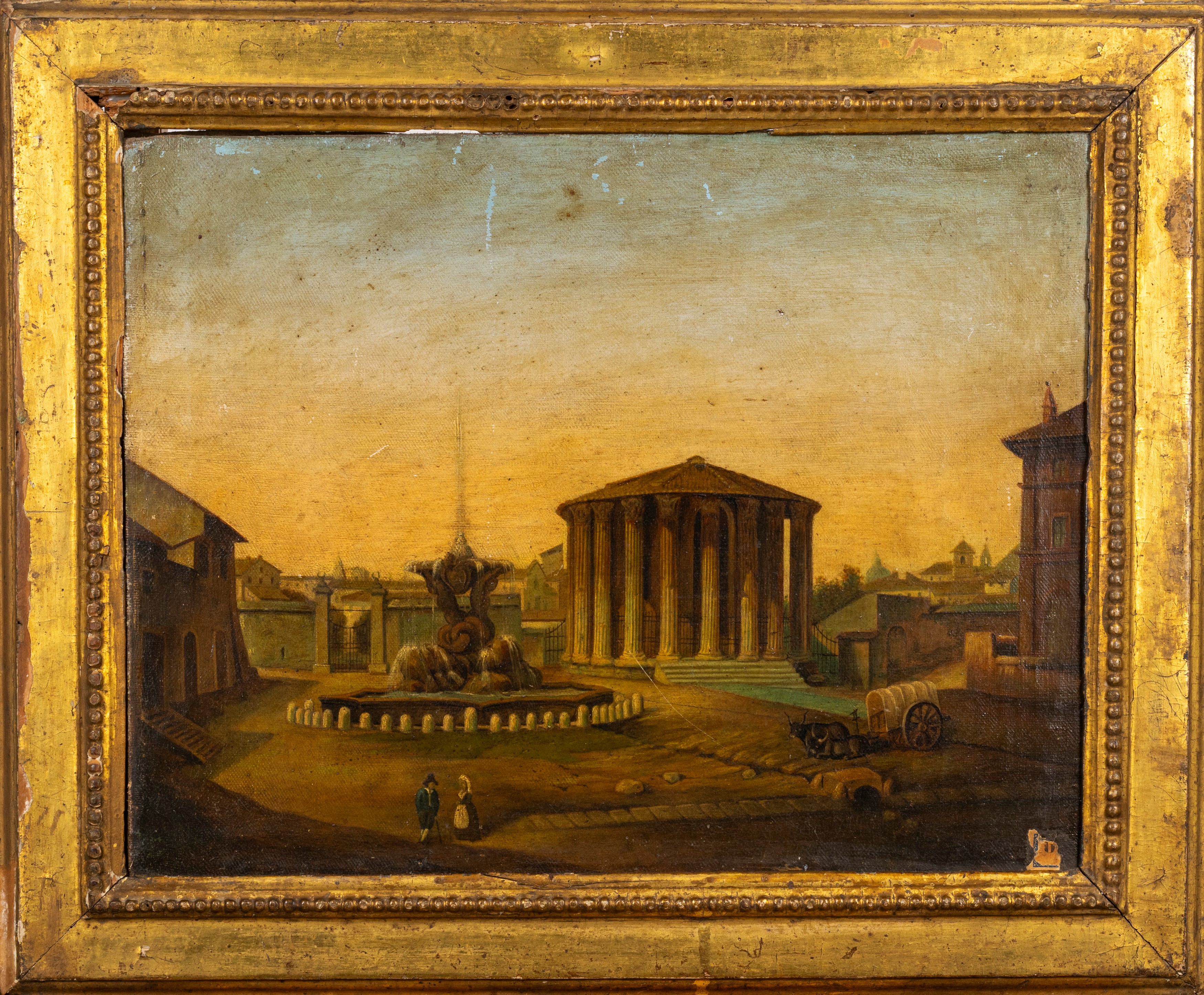 Scuola Romana, Secolo XIX - Veduta del Tempio di Ercole e della Fontana dei Tritoni a Roma