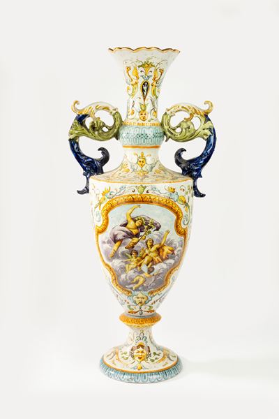 Vaso Biansato in Maiolica Policroma, Manifattura Mollica, Napoli, Fine Secolo XIX/inizio Secolo X...