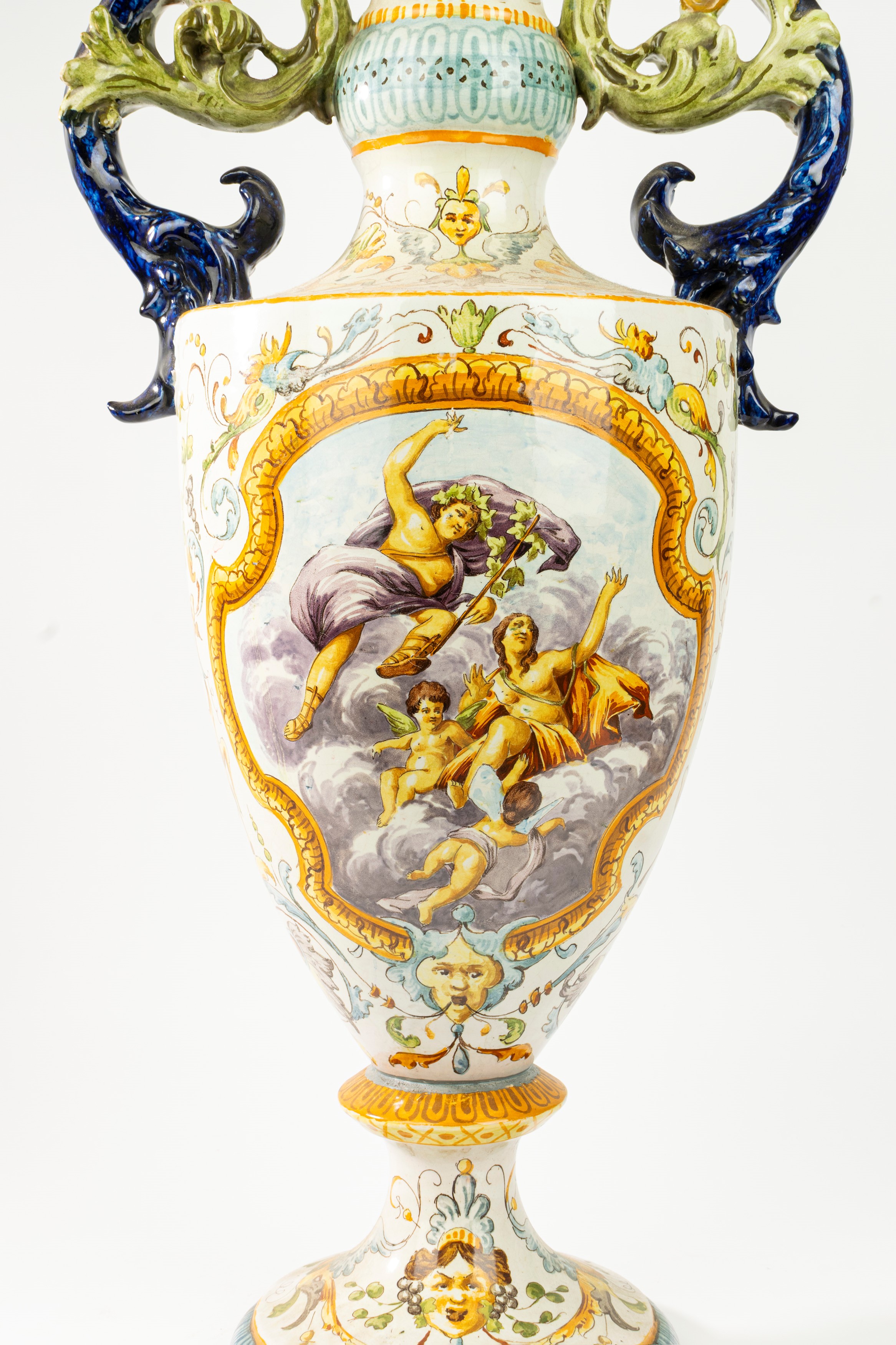 Vaso Biansato in Maiolica Policroma, Manifattura Mollica, Napoli, Fine Secolo XIX/inizio Secolo X...