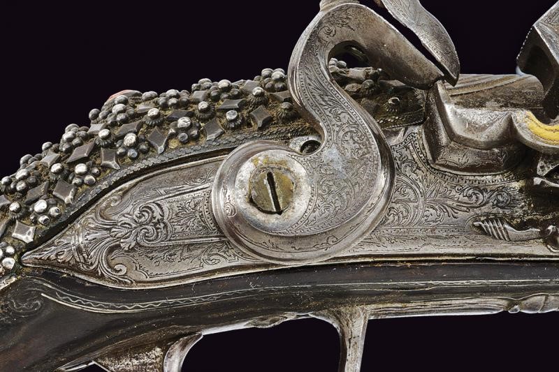 Bellissima Pistola a Pietra Focaia in Stile "ali Pasha" con Fornimenti in Argento