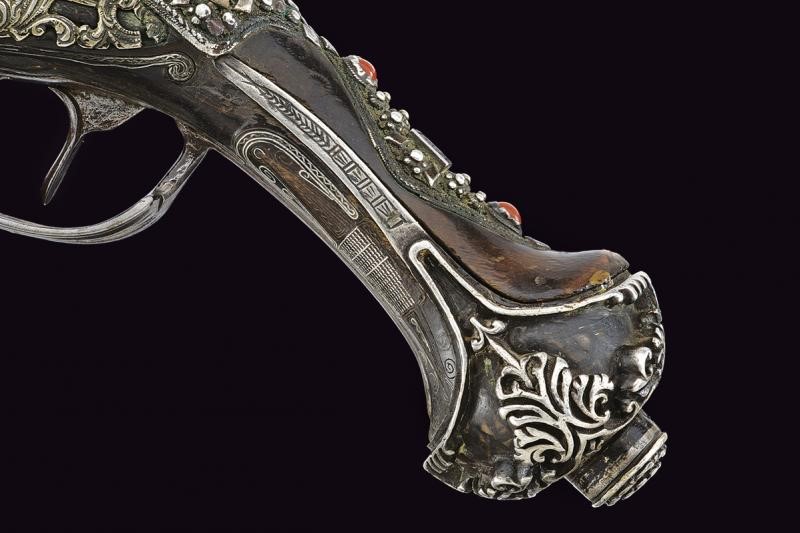 Bellissima Pistola a Pietra Focaia in Stile "ali Pasha" con Fornimenti in Argento