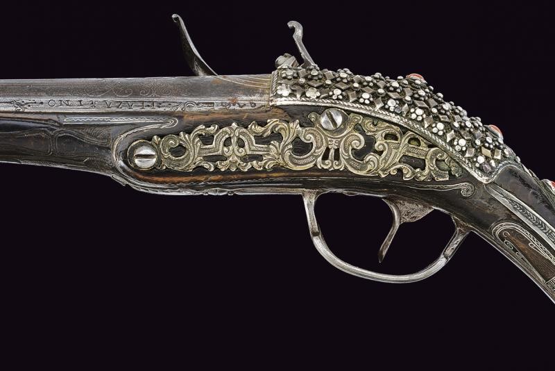 Bellissima pistola a pietra focaia in stile "Ali Pasha" con fornimenti in argento