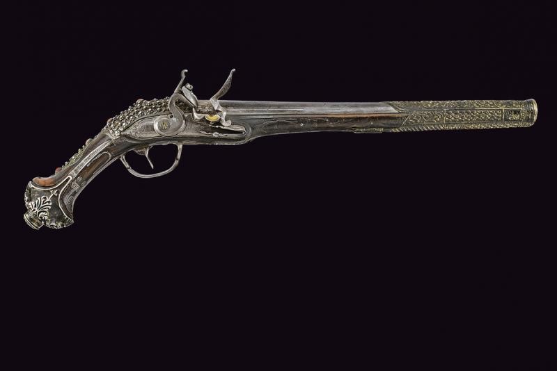 Bellissima Pistola a Pietra Focaia in Stile "ali Pasha" con Fornimenti in Argento