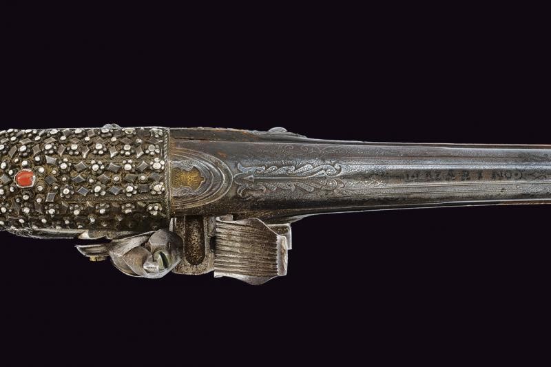 Bellissima Pistola a Pietra Focaia in Stile "ali Pasha" con Fornimenti in Argento