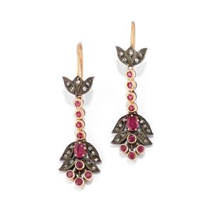 Pendant earrings with rubies