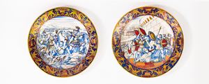  - Two historiated display plates in polychrome lustre majolica, Mastro Giorgio, Gualdo Tadino manufacture, 20th century