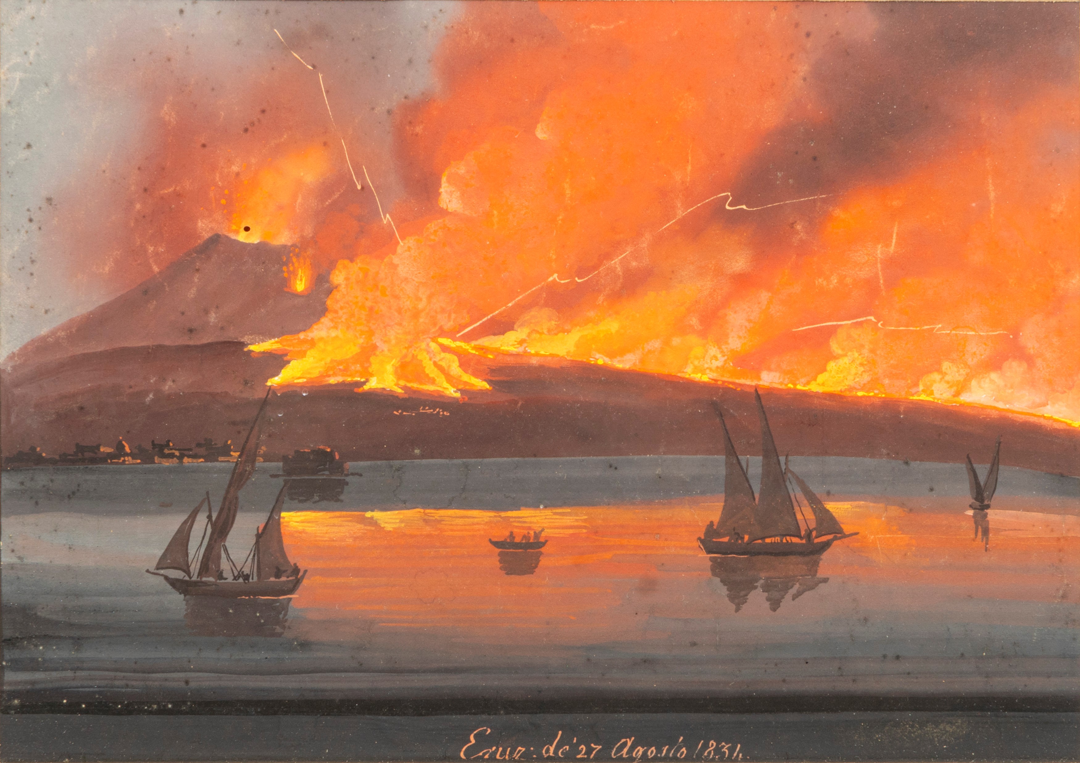 Due gouaches raffiguranti eruzione notturna del Vesuvio