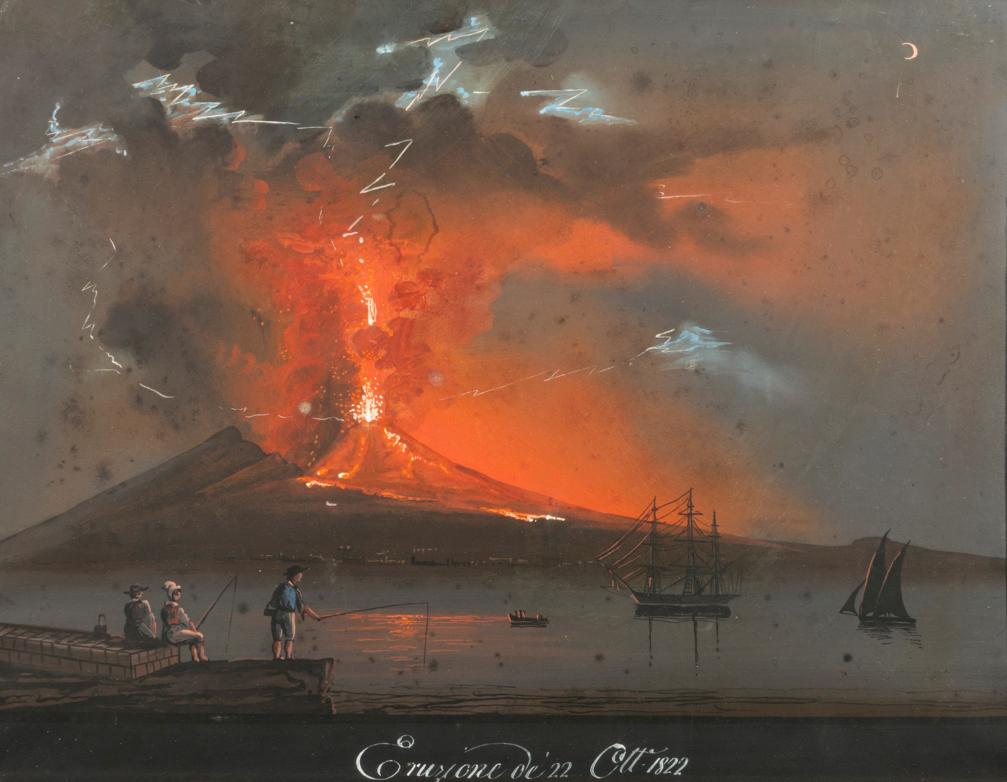 Due gouaches raffiguranti eruzione notturna del Vesuvio