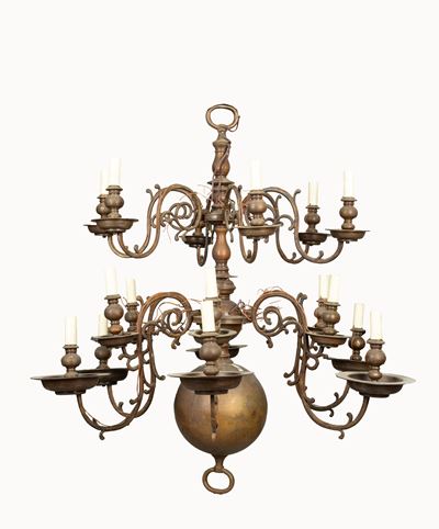 Antico Lampadario Olandese in Bronzo su Due Ordini
