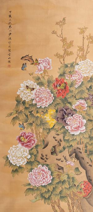 Scroll su seta raffigurante ramo fiorito con peonie, Cina secolo XX