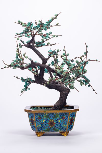 Alberello con Cachepot in Smalto Cloisonné. Cina, Fine Dinastia Qing