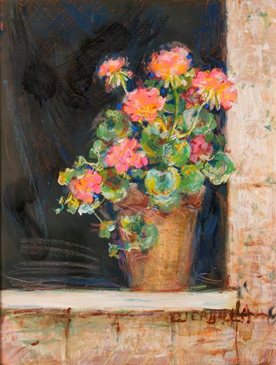 Vaso di gerani, olio su cartone